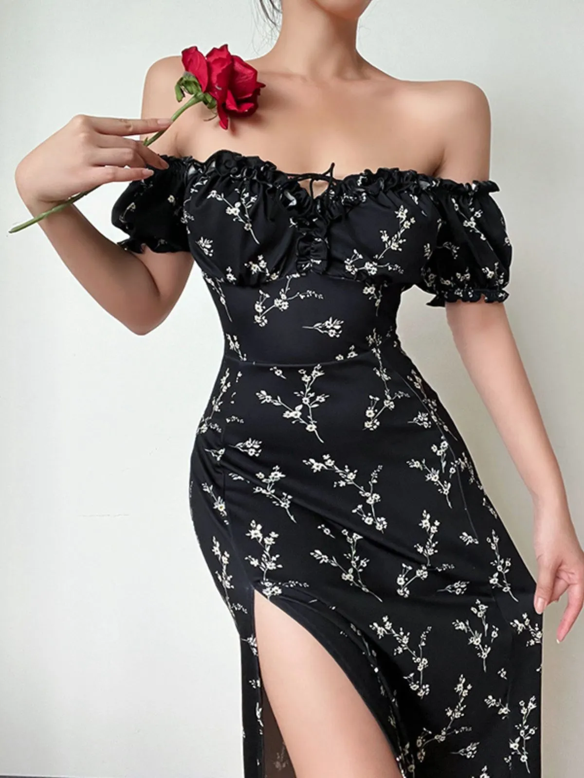 Black 1960s Side Slit Ditsy Floral Off-Shoulder Dress sold by Retro Stage product image thumbnail 4