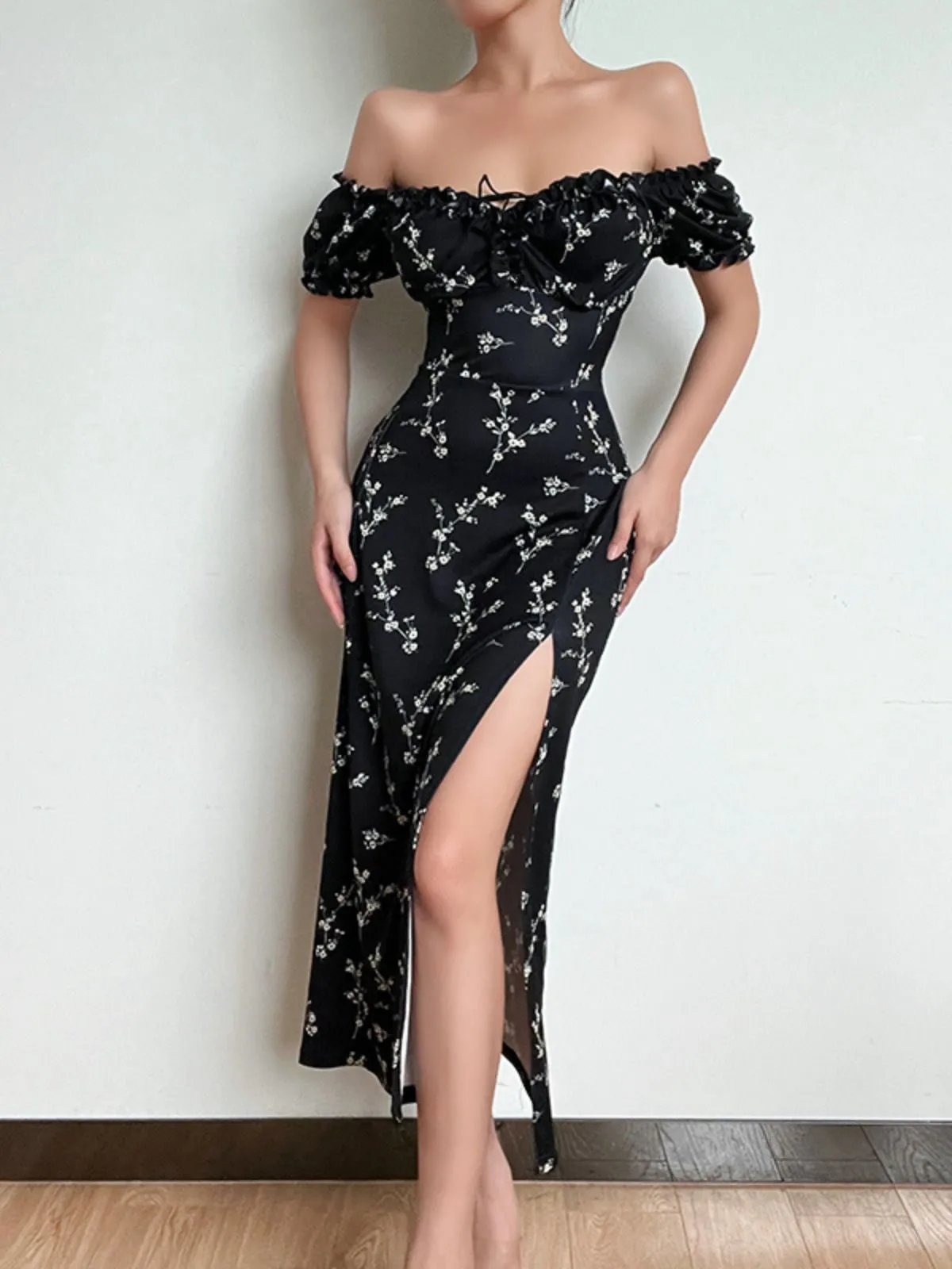Black 1960s Side Slit Ditsy Floral Off-Shoulder Dress sold by Retro Stage product image thumbnail 2