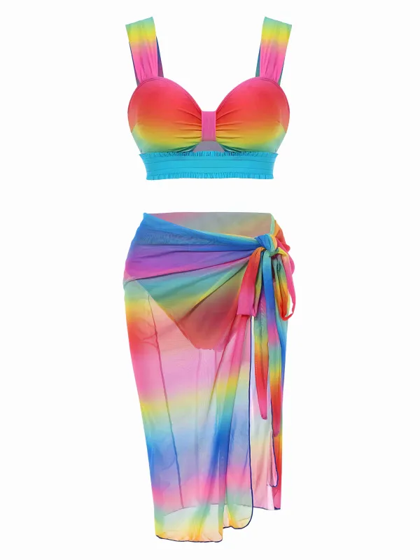 Multicolor 1960s Rainbow Gradient Ruched Bikini Set & Cover-Up sold by Retro Stage