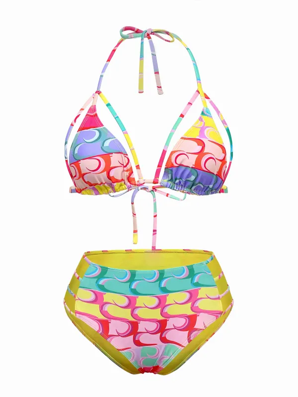 Multicolor 1960s Lace-up Rainbow Halter Bikini Set sold by Retro Stage