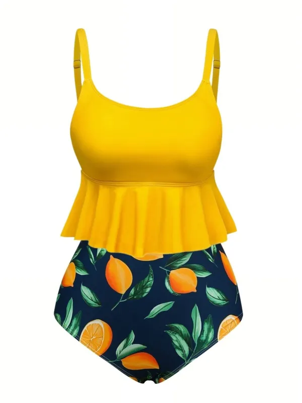 Yellow 1950s Ruffle Lemon Print Tankini Set sold by Retro Stage