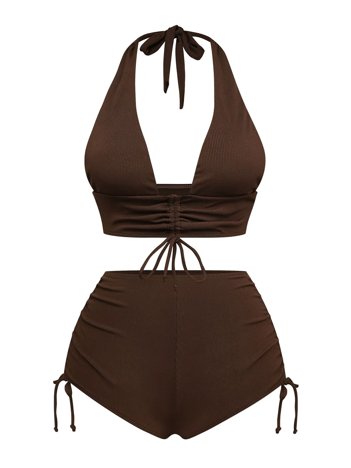 Brown 1950s Solid Deep V-Neck Halter Bikini Set sold by Retro Stage