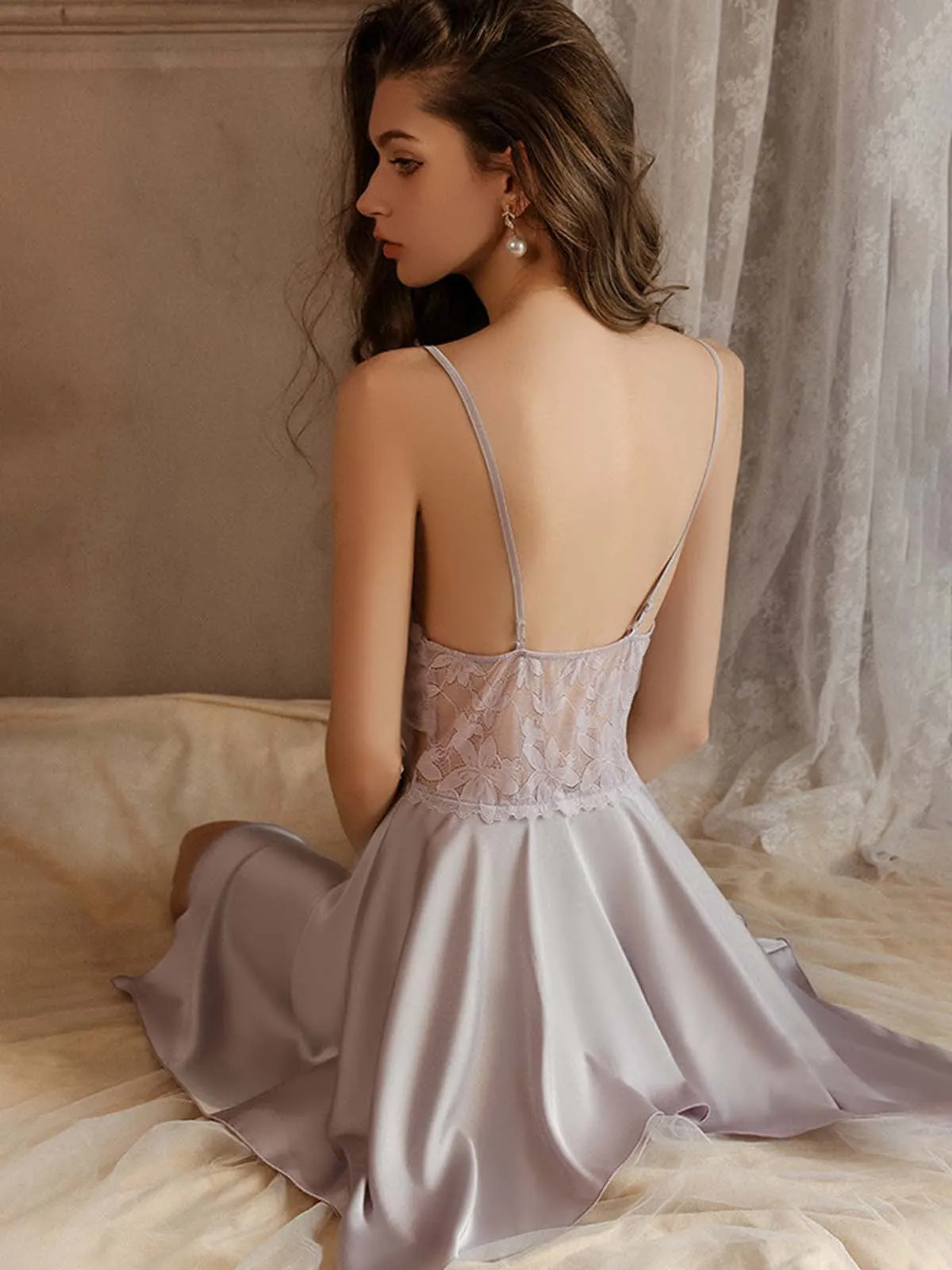 Lavender 1970s Lace Patchwork Stitching Butterfly Nightgown sold by Retro Stage product image thumbnail 2