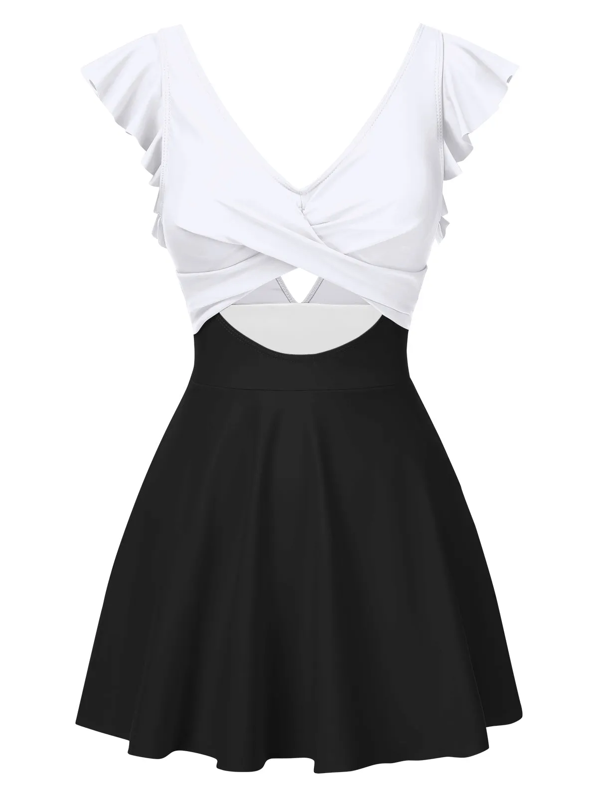 1930s Solid Ruffles Cut-Out Patchwork Swimdress sold by Retro Stage