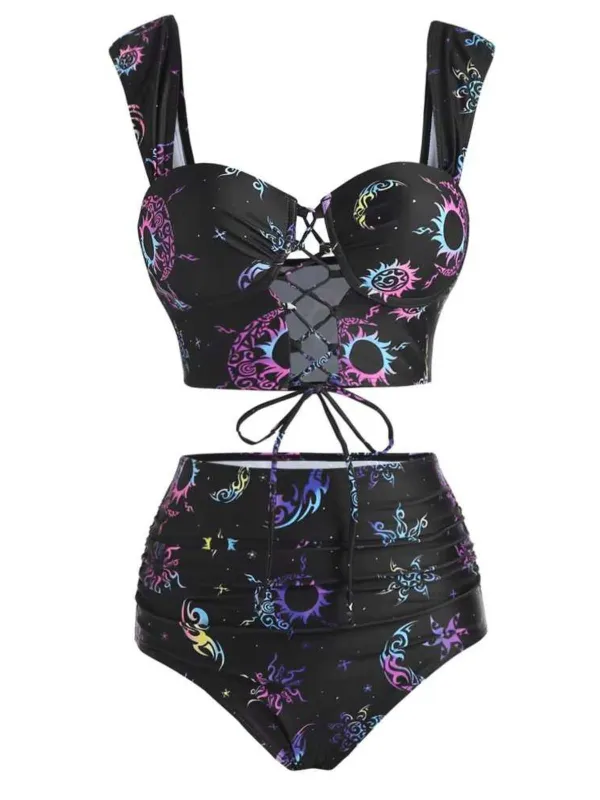 Black 1980s Strap Neon Nebula Print Gothic Bikini sold by Retro Stage