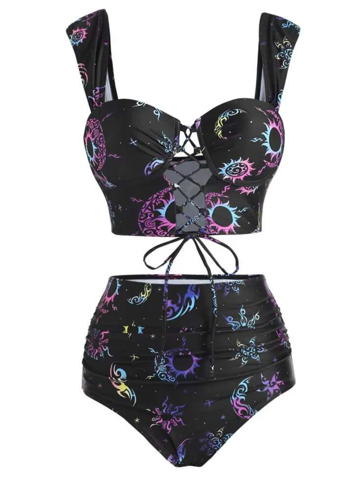 Black 1980s Strap Neon Nebula Print Gothic Bikini sold by Retro Stage