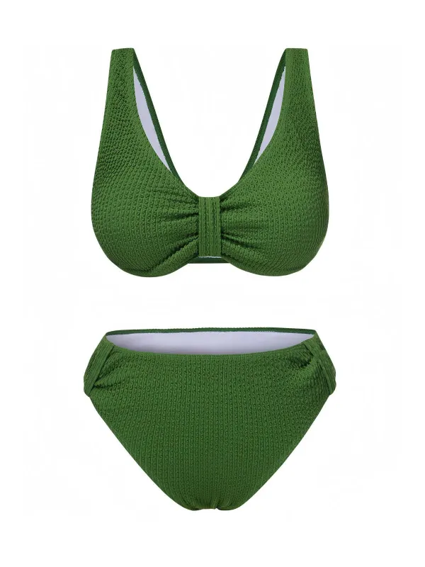 1940s Solid Bowknot Textured Fabric Swimsuit sold by Retro Stage