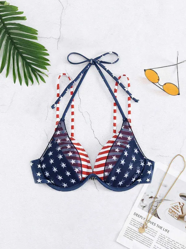 Blue & Red 1950s Stars & Stripes Bikini Top sold by Retro Stage