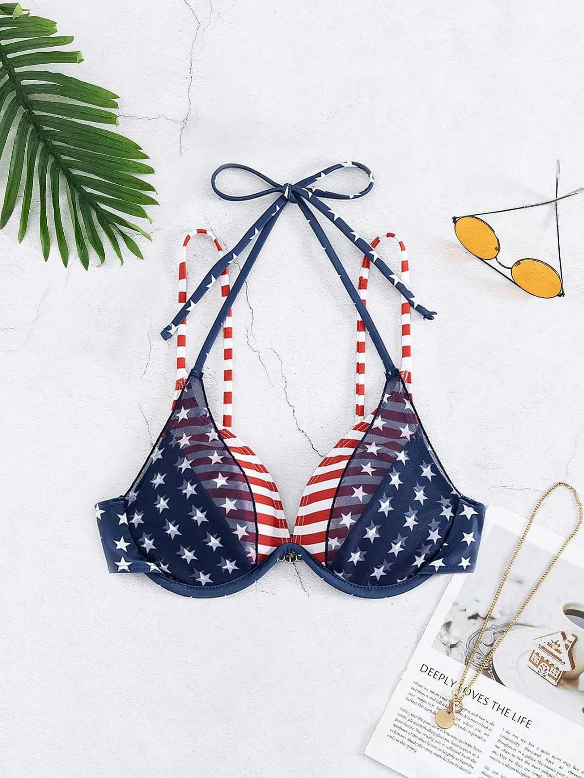 Blue & Red 1950s Stars & Stripes Bikini Top sold by Retro Stage
