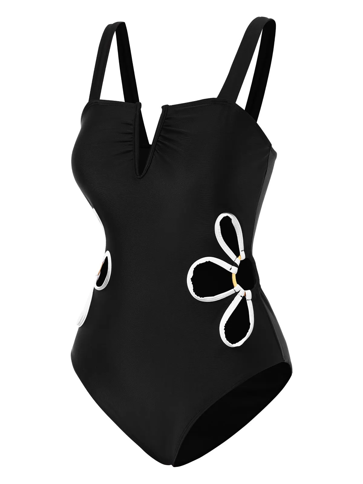 Black 1950s White Flower Hollow One-Piece Swimsuit sold by Retro Stage product image thumbnail 2