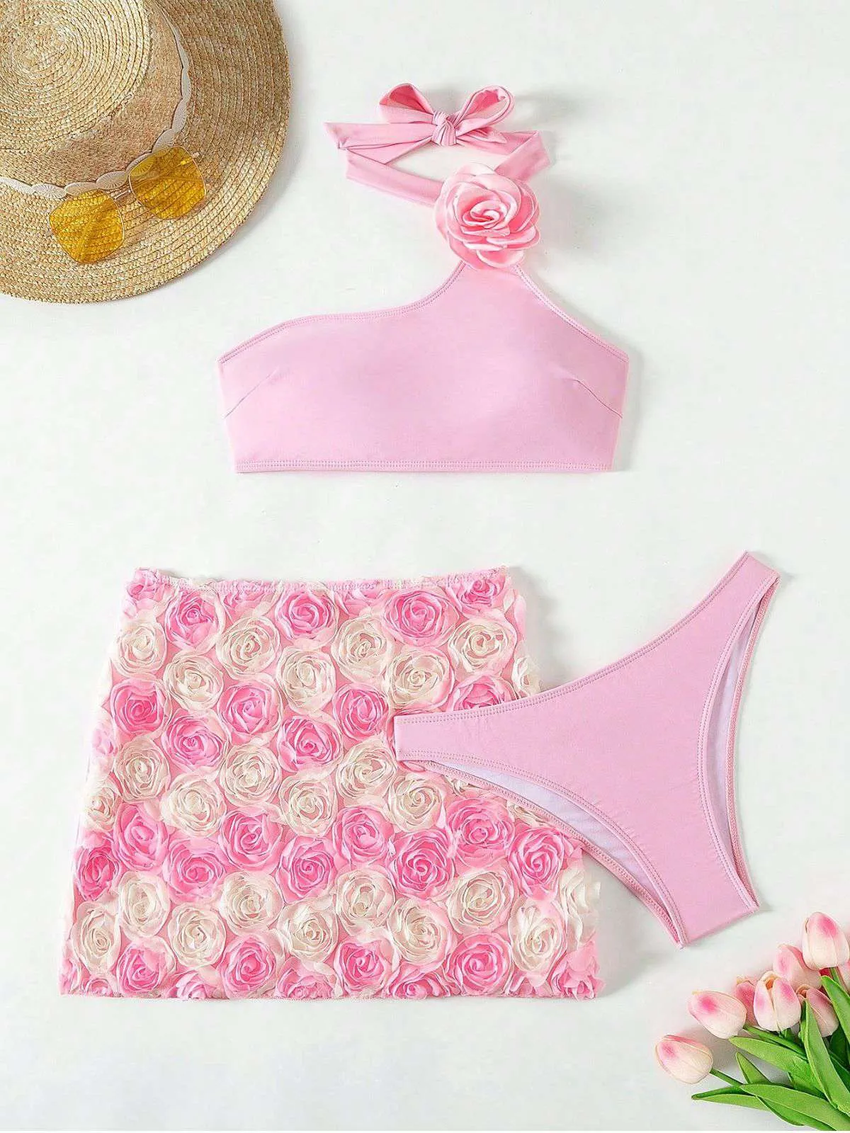Pink 1960s 3D Roses Halter Bikini Set & Cover-Up sold by Retro Stage product image thumbnail 4