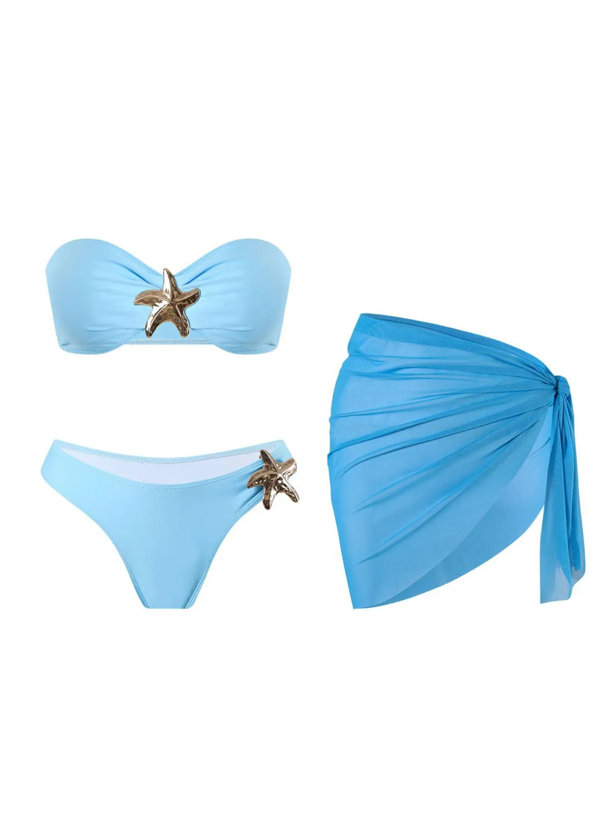 2PCS Blue 1950s Solid Starfish Bandeau Bikini Set & Cover Up sold by Retro Stage product image thumbnail 2