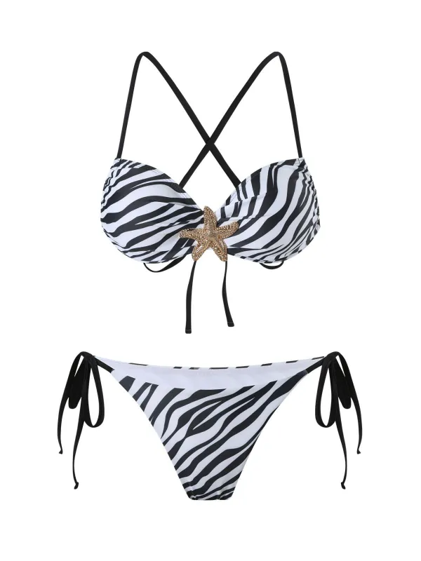 Black & White 1950s Zebra Stripes Starfish Bikini Set sold by Retro Stage