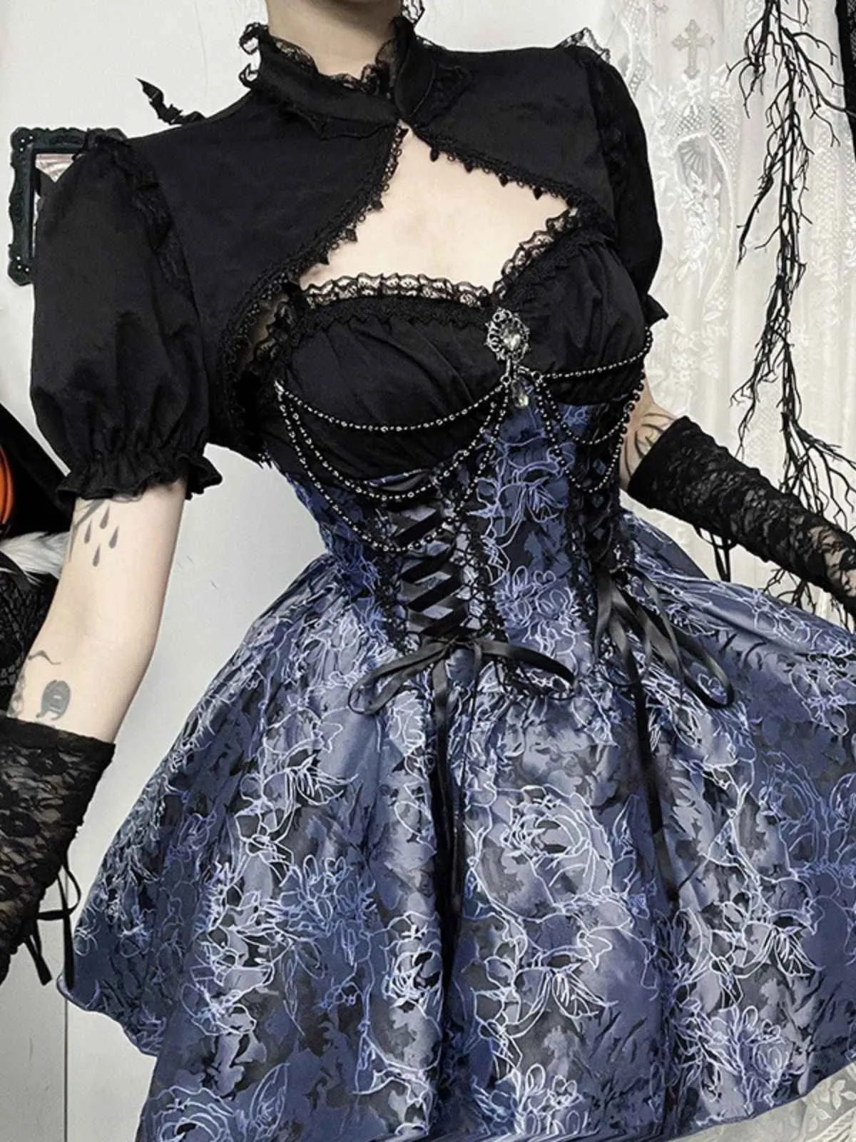 2PCS Black & Blue 1980s Gothic Cape Cardigan & Floral Embroidered Dress sold by Retro Stage product image thumbnail 3