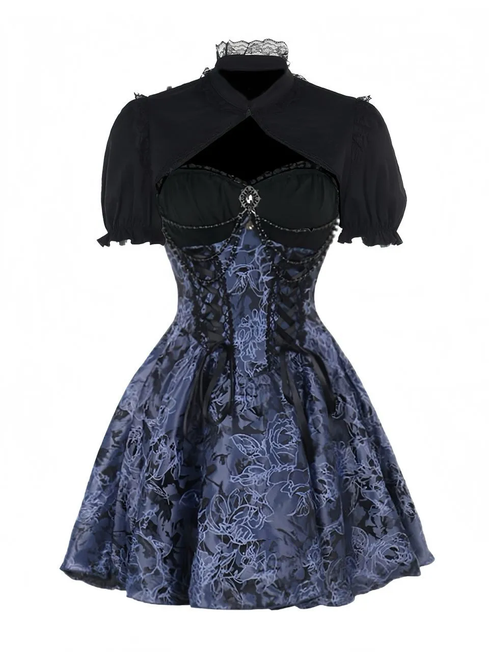 2PCS Black & Blue 1980s Gothic Cape Cardigan & Floral Embroidered Dress sold by Retro Stage