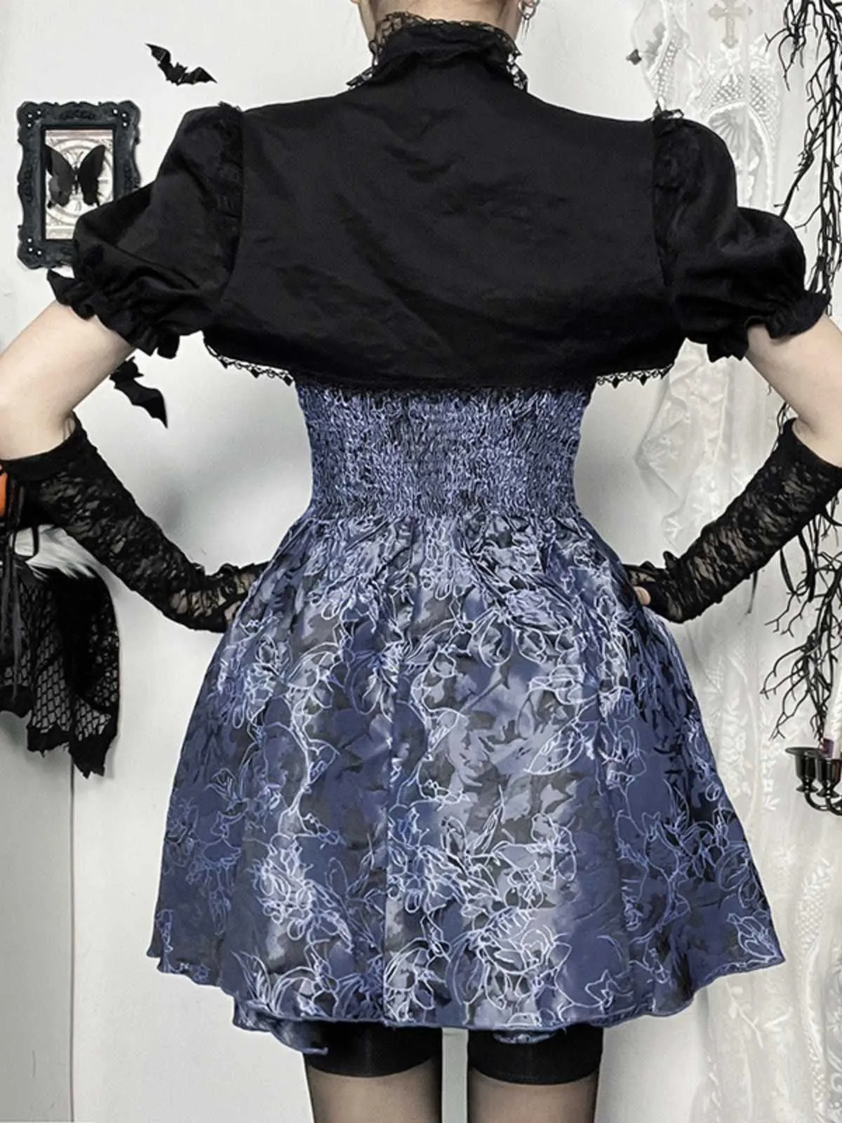 2PCS Black & Blue 1980s Gothic Cape Cardigan & Floral Embroidered Dress sold by Retro Stage product image thumbnail 4