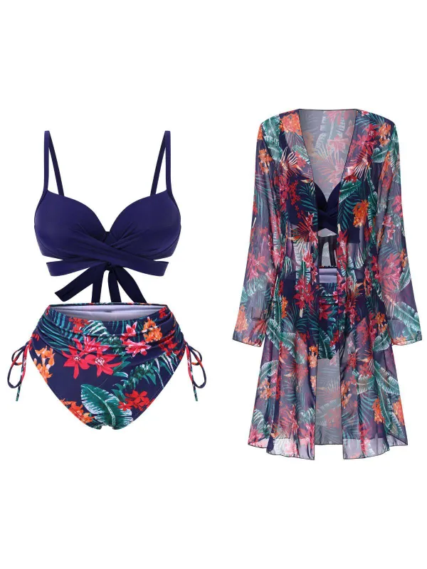 2PCS Blue 1960s Floral Plant Print Bikini Sets & Cover-Up sold by Retro Stage