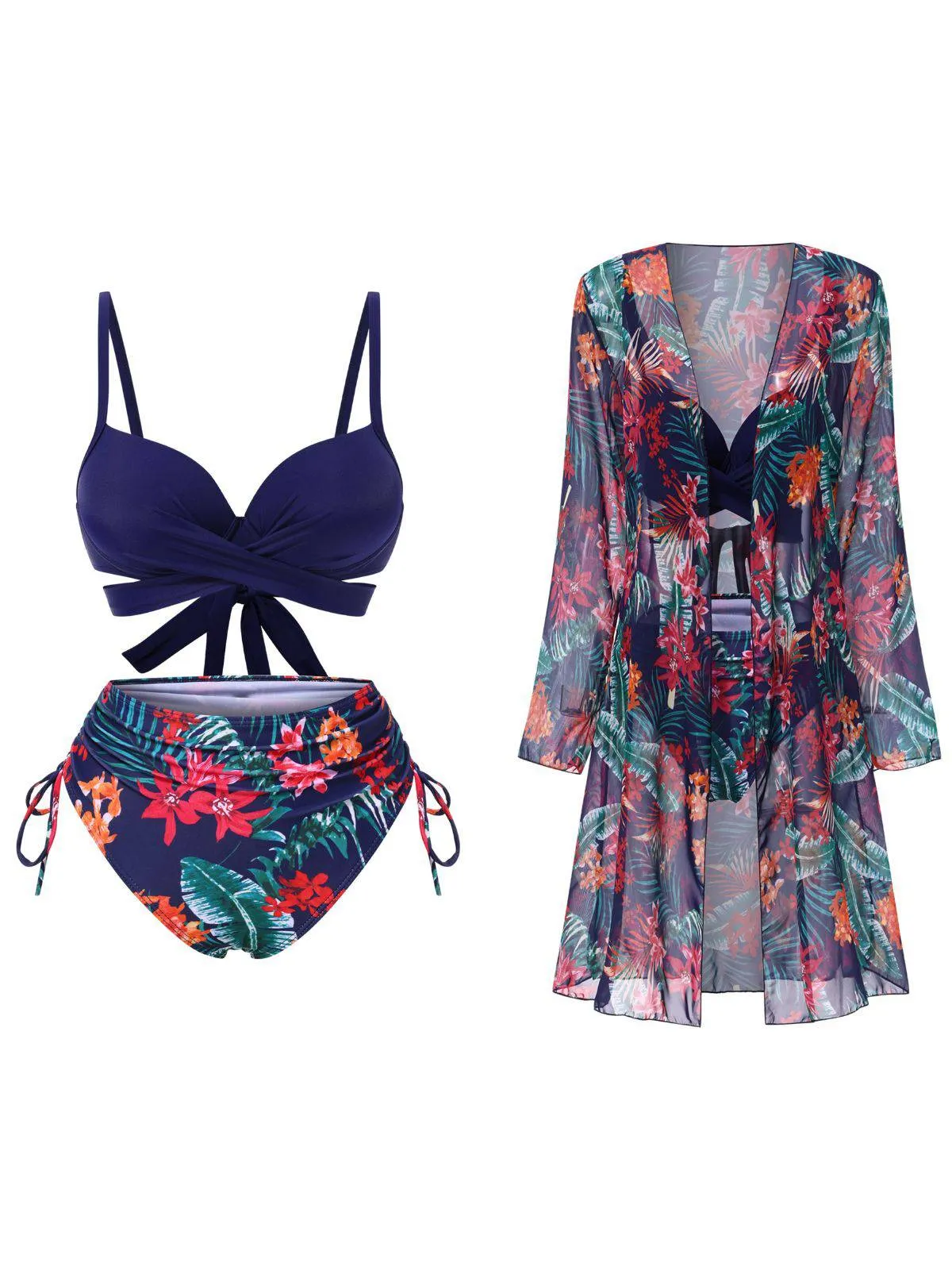 2PCS Blue 1960s Floral Plant Print Bikini Sets & Cover-Up sold by Retro Stage