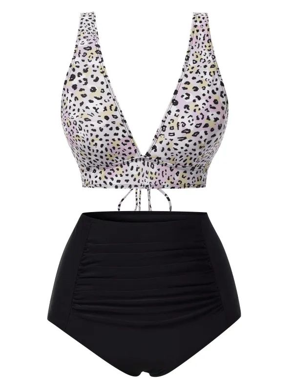 1950s Leopard Print Deep V-Neck Lace-Up Bikini Set sold by Retro Stage