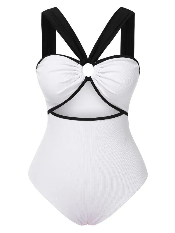 White 1950s Waist Cutout Colorblock One-Piece Swimsuit sold by Retro Stage