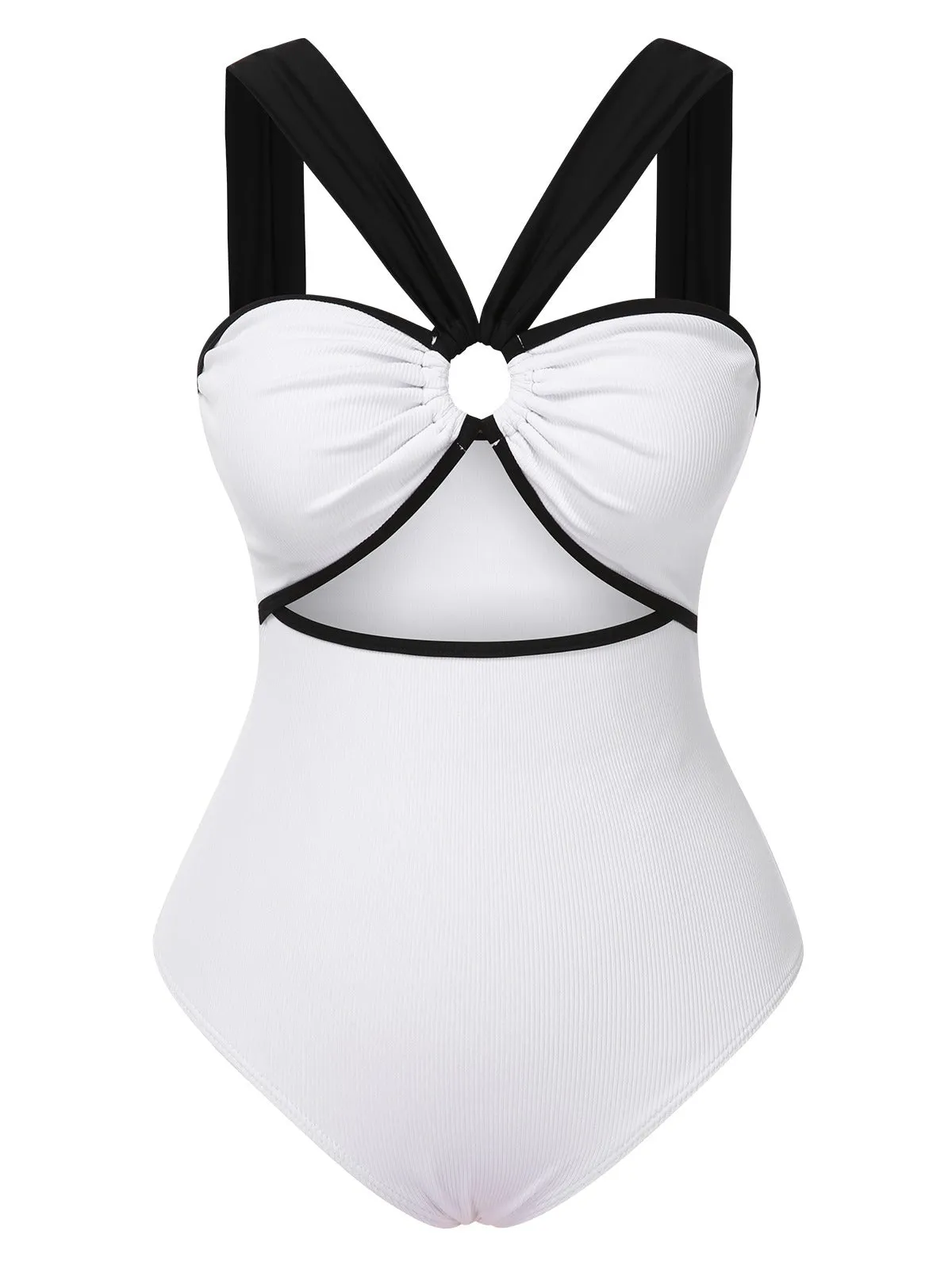 White 1950s Waist Cutout Colorblock One-Piece Swimsuit sold by Retro Stage