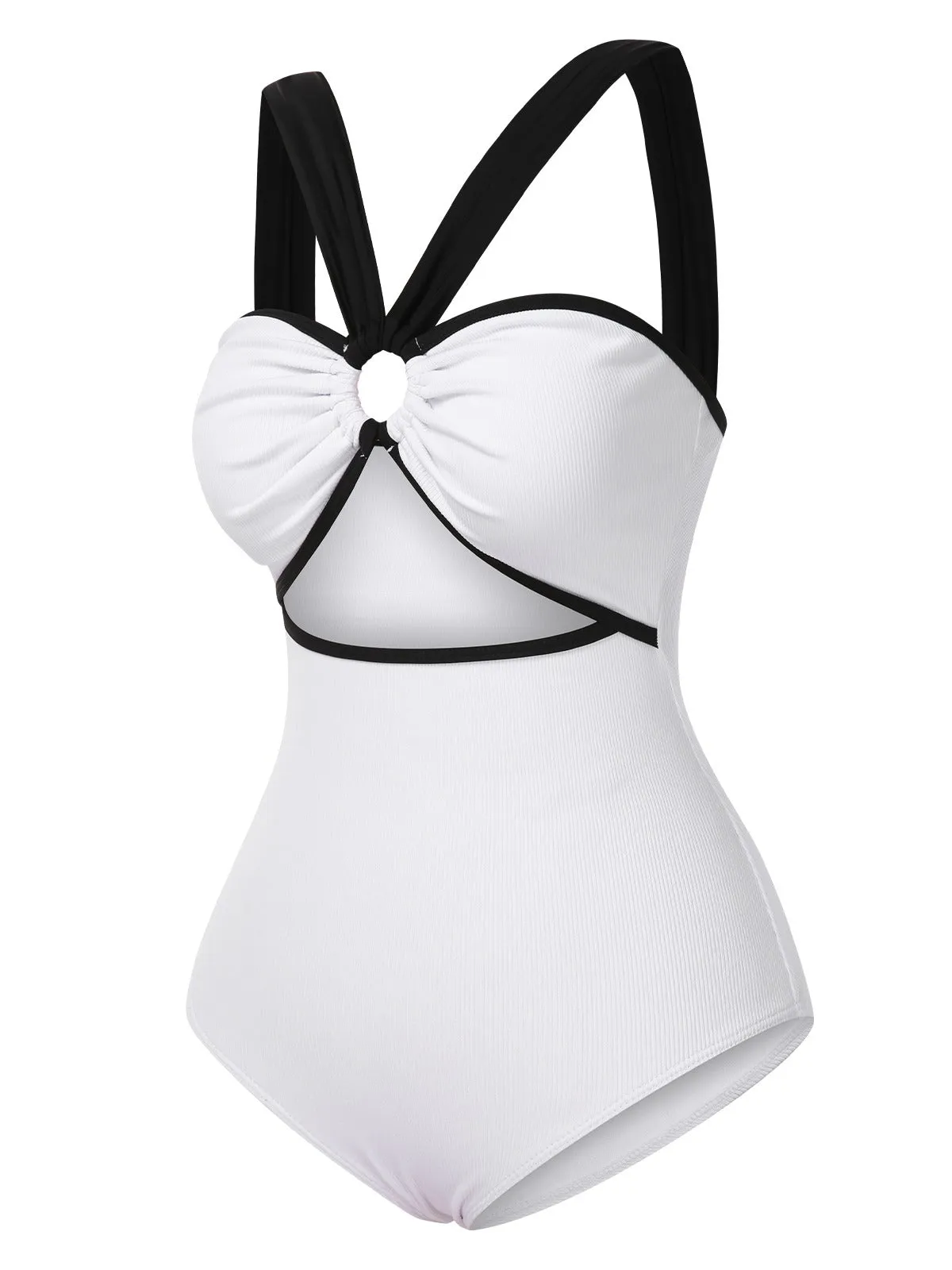 White 1950s Waist Cutout Colorblock One-Piece Swimsuit sold by Retro Stage product image thumbnail 2