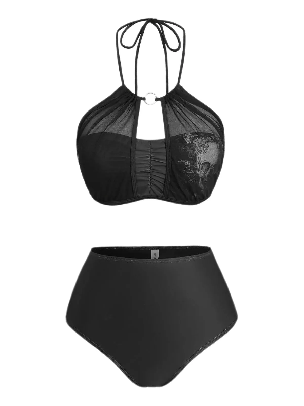 2PCS Black 1980s Gothic Skull Mesh Halter Bikini Set & Cover Up sold by Retro Stage product image thumbnail 3