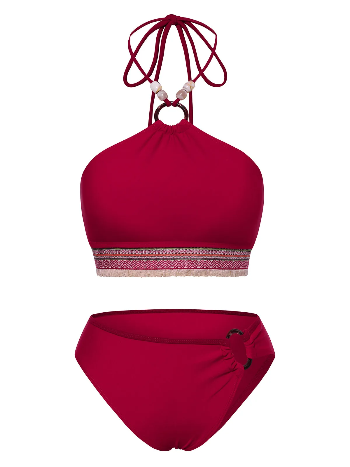 Red 1970s Princess Style Beading Halter Bikini Set sold by Retro Stage product image thumbnail 3