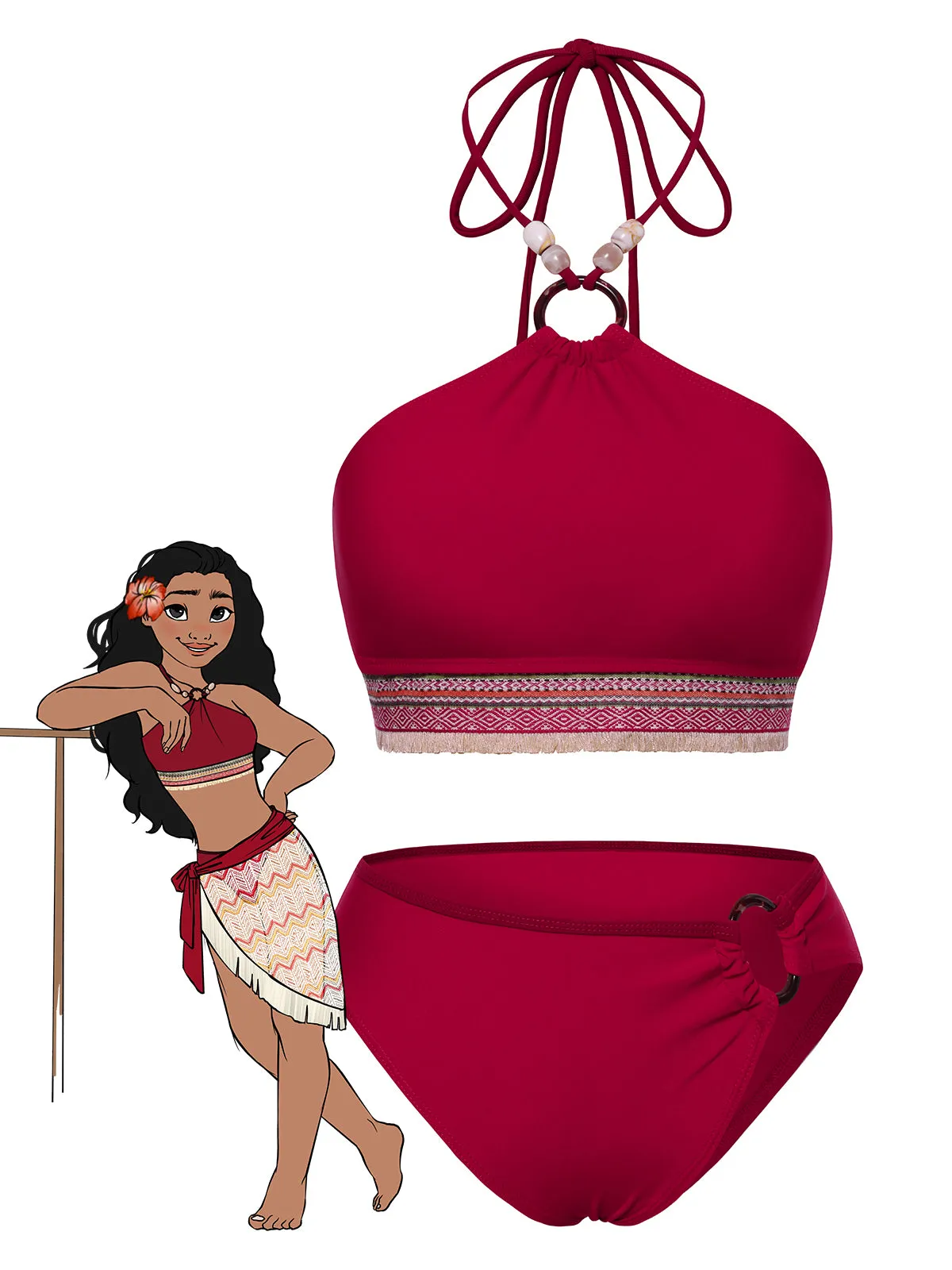 Red 1970s Princess Style Beading Halter Bikini Set sold by Retro Stage
