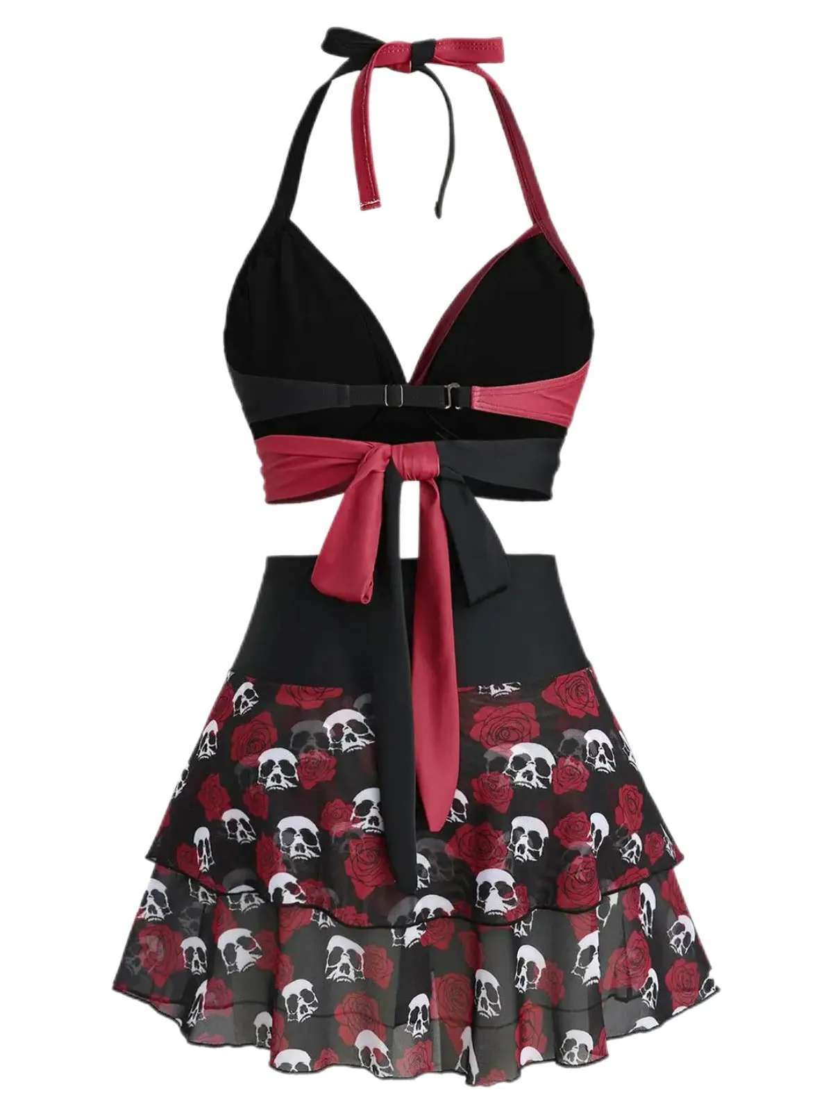 Black & Red 1980s Gothic Skull Rose Halter Skirt Swimsuit sold by Retro Stage product image thumbnail 2