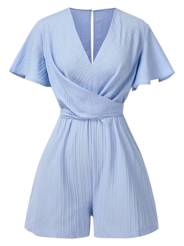 Light Blue 1950s Textured Flare Sleeve Romper sold by Retro Stage