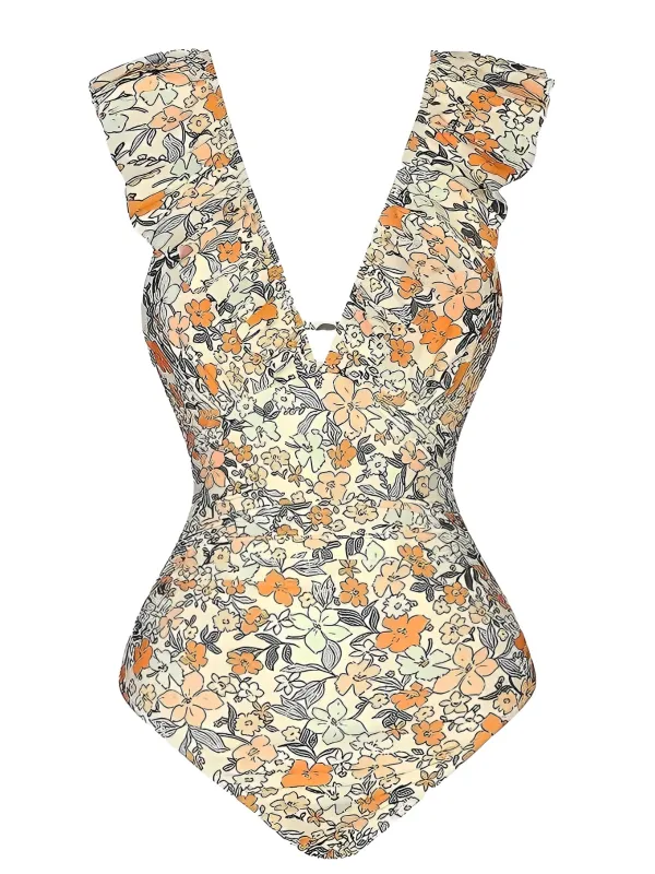 Multicolor 1950s Floral Ruffled Back Cut-Out Swimsuit sold by Retro Stage