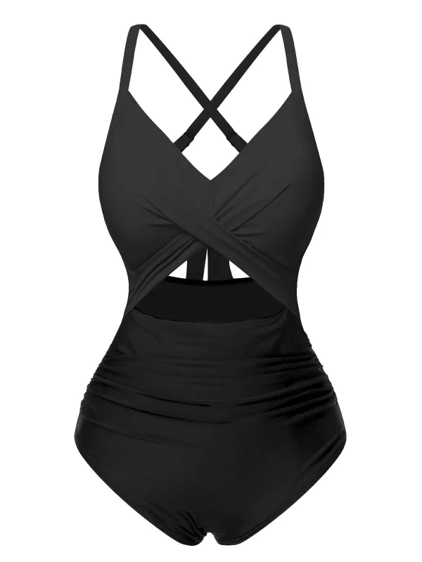 Black 1940s Hollow Waist Patchwork Swimsuit sold by Retro Stage