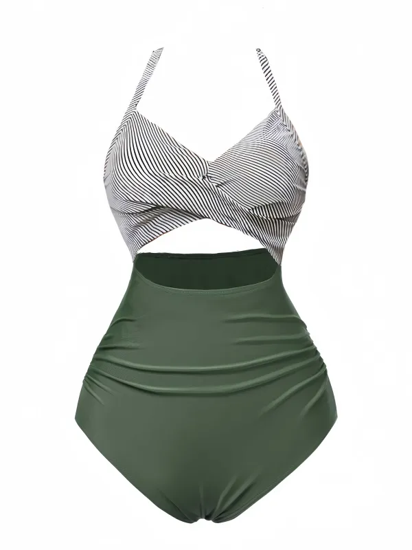 Green 1940s Stripe Patchwork Hollow One-Piece Swimsuit sold by Retro Stage
