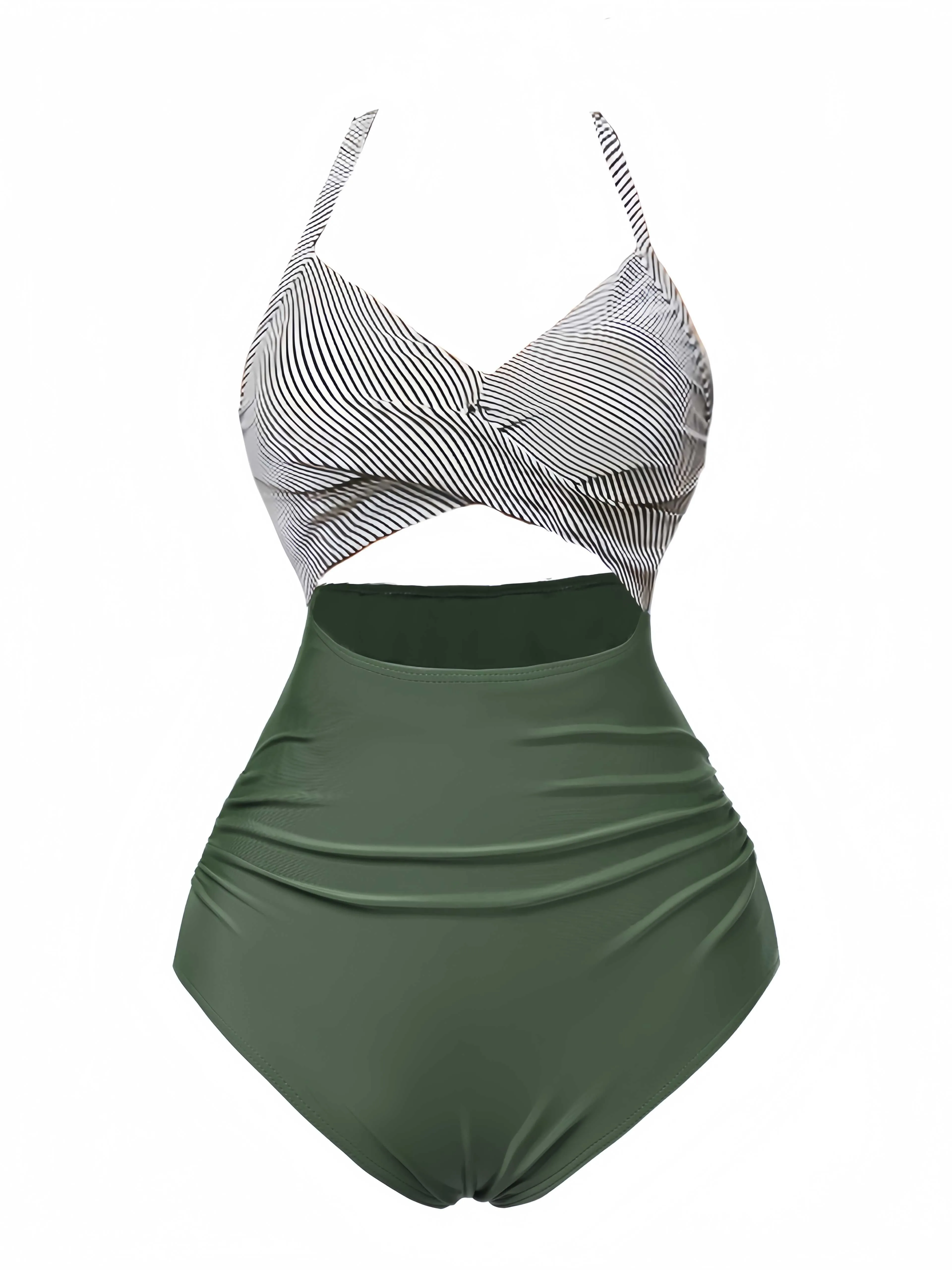 Green 1940s Stripe Patchwork Hollow One-Piece Swimsuit sold by Retro Stage