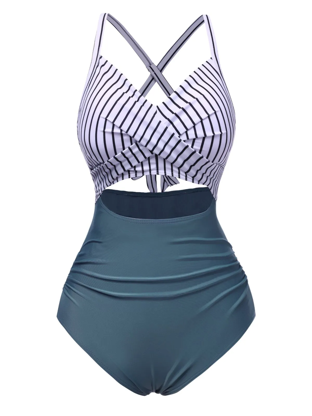 Black 1940s Stripe Patchwork Hollow One-Piece Swimsuit sold by Retro Stage product image thumbnail 3