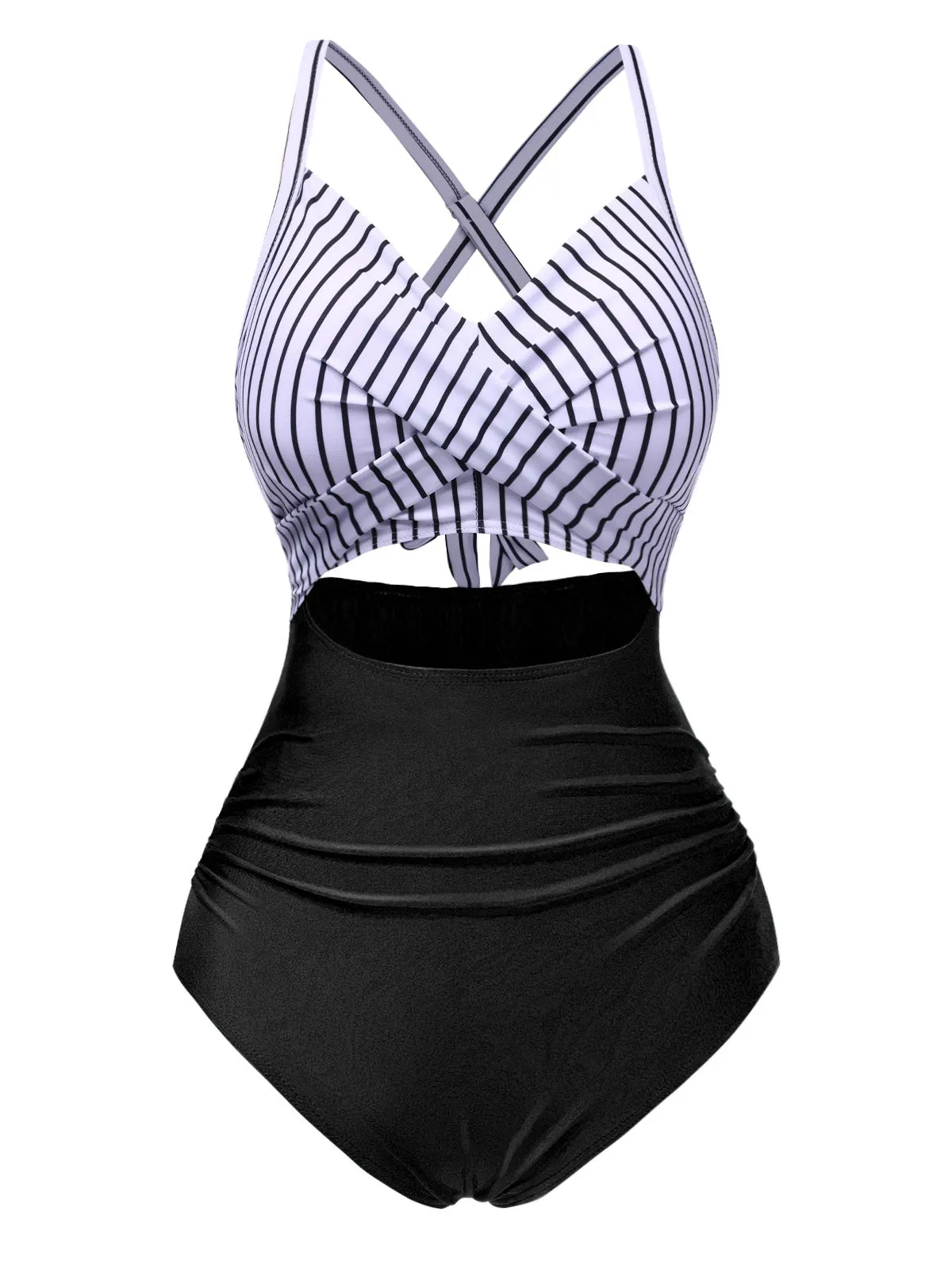 Black 1940s Stripe Patchwork Hollow One-Piece Swimsuit sold by Retro Stage