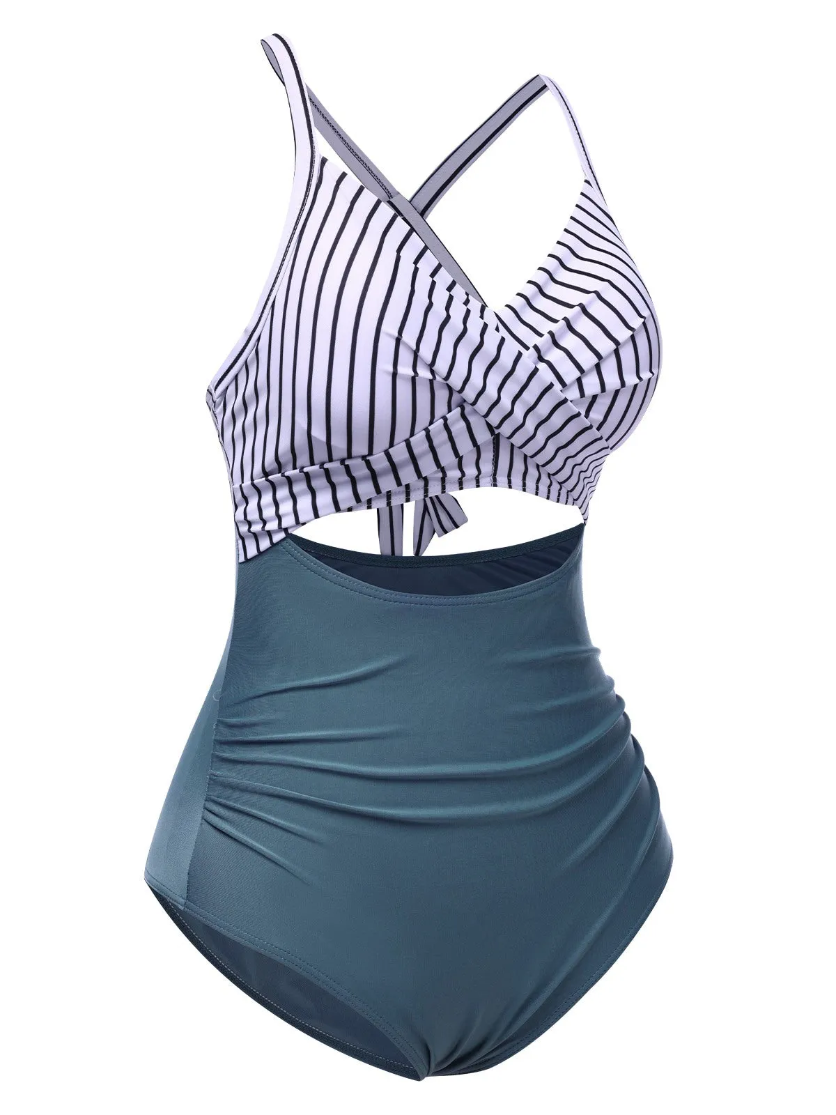 Black 1940s Stripe Patchwork Hollow One-Piece Swimsuit sold by Retro Stage product image thumbnail 4