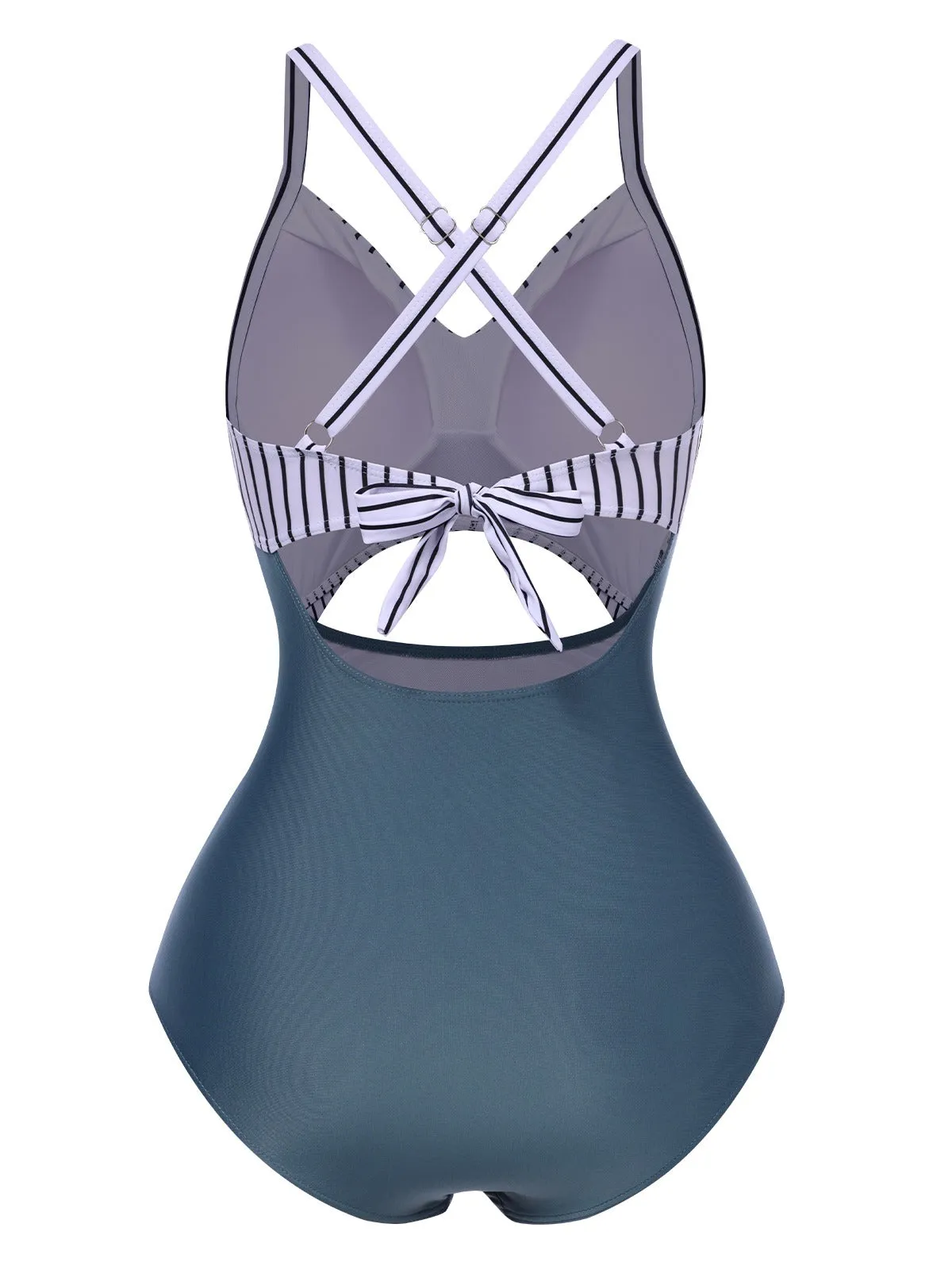 Black 1940s Stripe Patchwork Hollow One-Piece Swimsuit sold by Retro Stage product image thumbnail 5