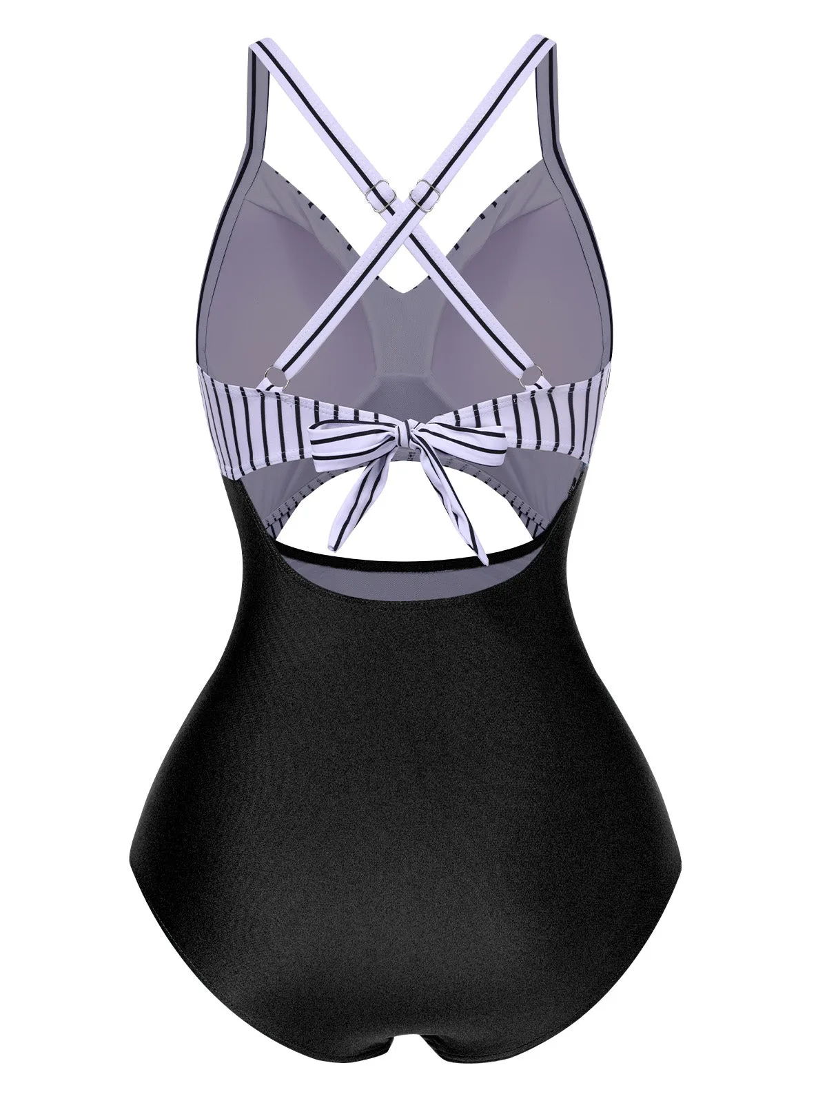 Black 1940s Stripe Patchwork Hollow One-Piece Swimsuit sold by Retro Stage product image thumbnail 2