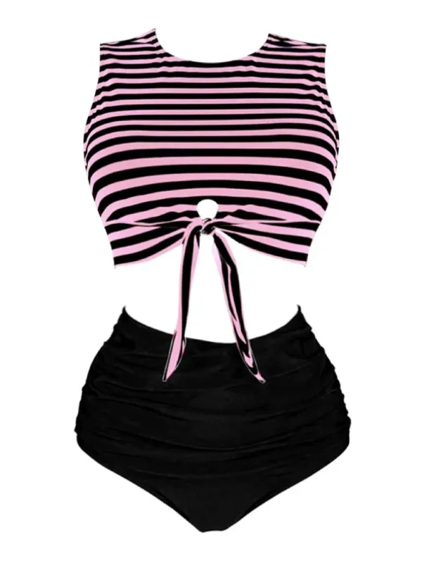 [Plus Size] Pink & Black 1970s Striped Waist Tie Patchwork Swimsuit sold by Retro Stage