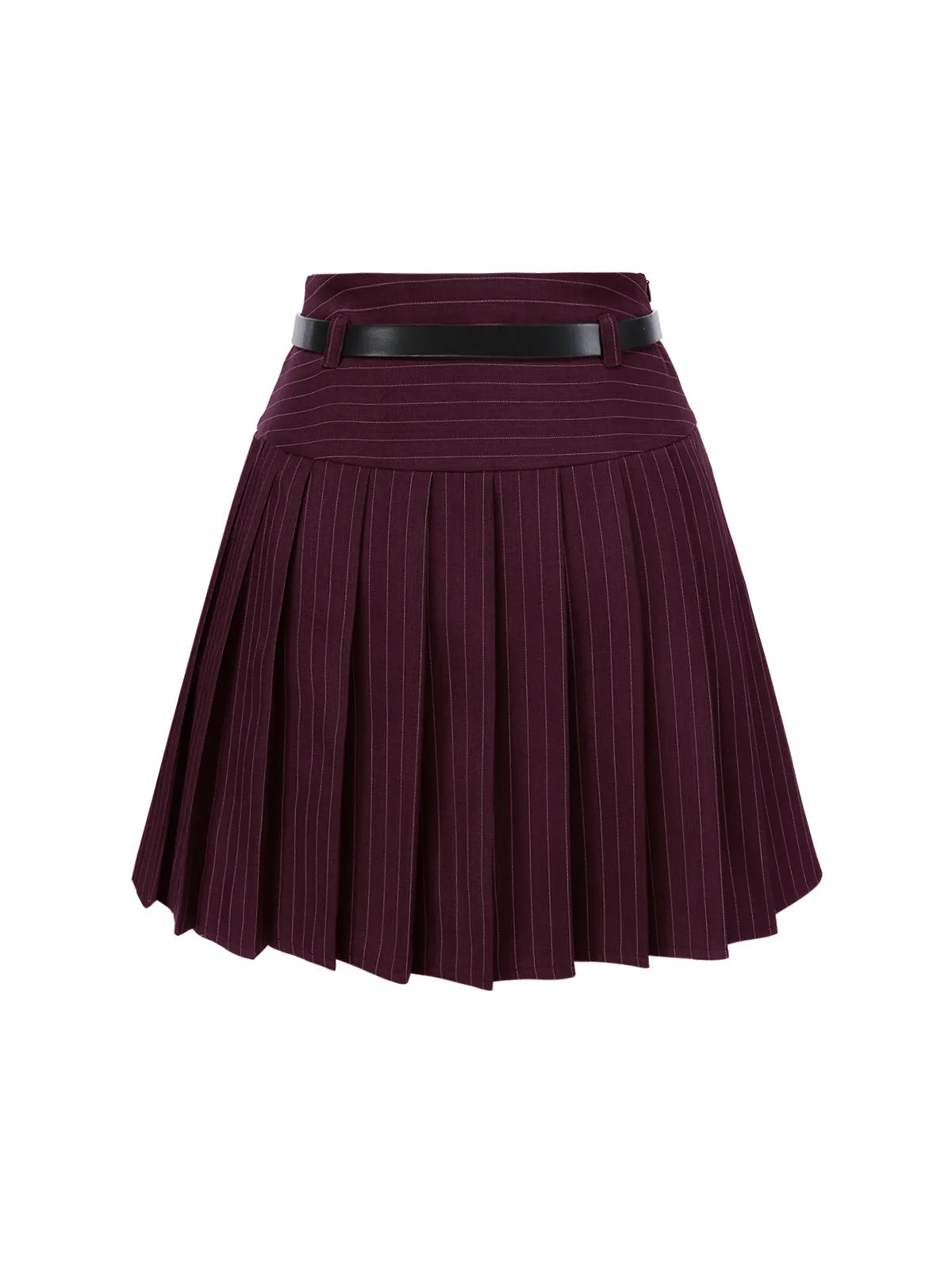 Wine Red 1960s Pinstripes Belted Pleated Skirt sold by Retro Stage product image thumbnail 2