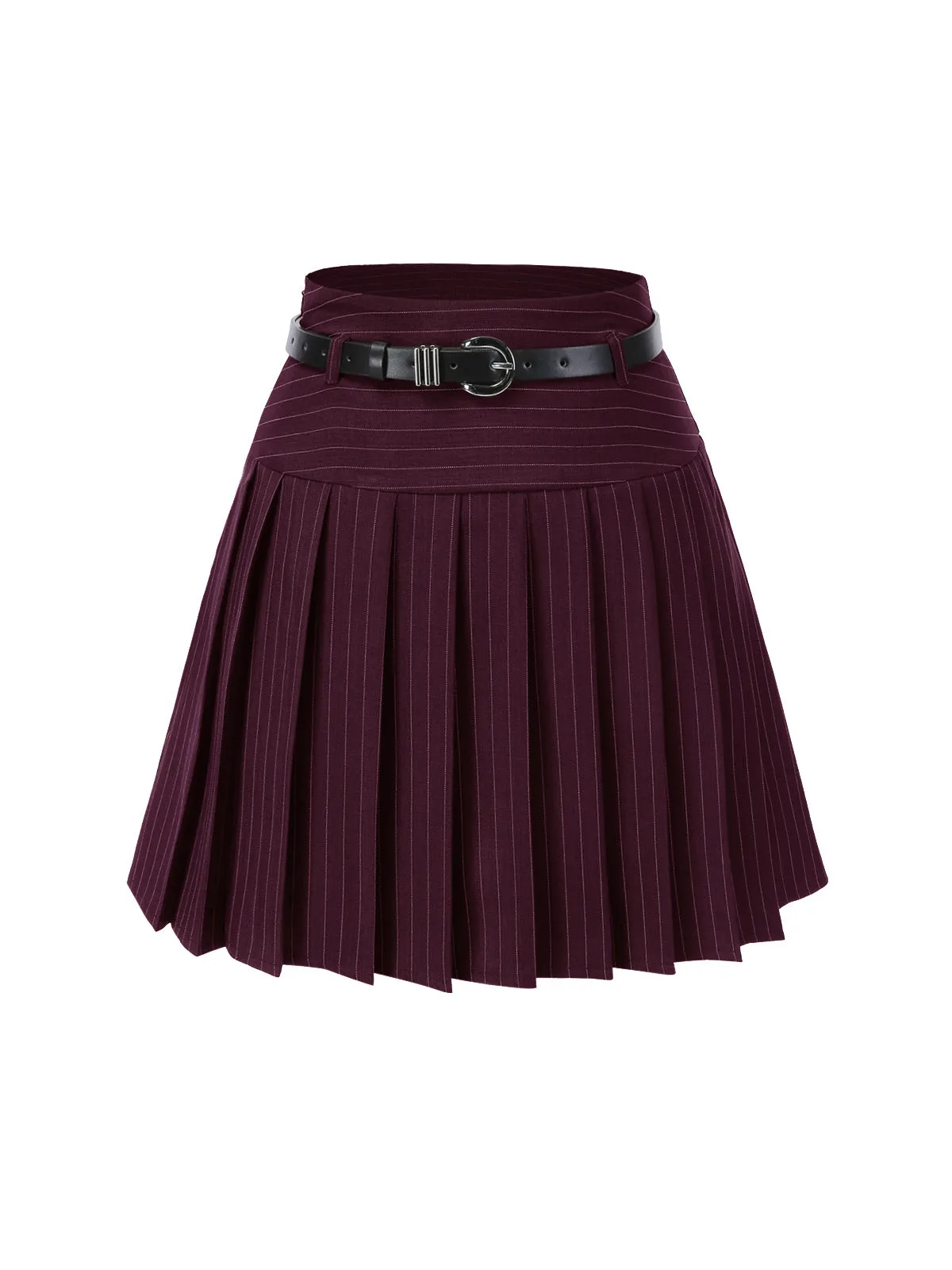 Wine Red 1960s Pinstripes Belted Pleated Skirt sold by Retro Stage