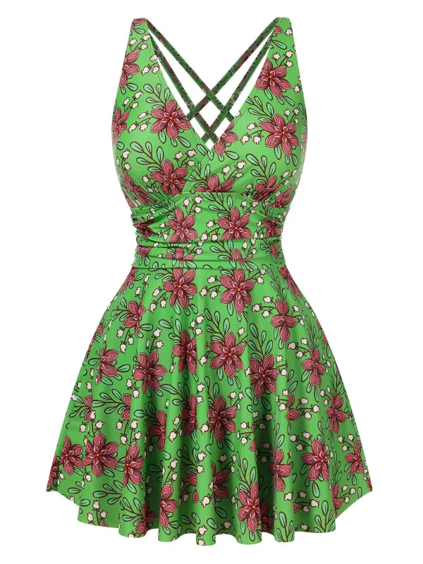 Green 1940s V-Neck Floral Ruched-Waist Swimsuit sold by Retro Stage