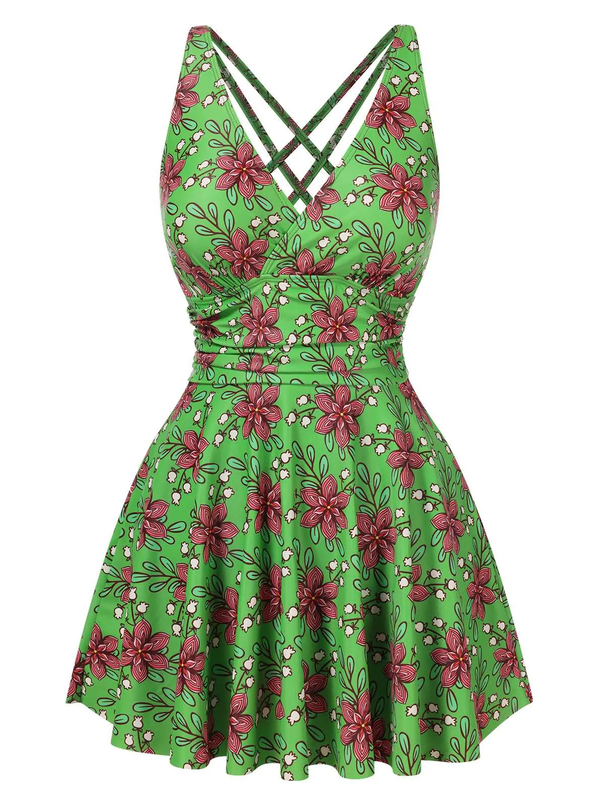 Green 1940s V-Neck Floral Ruched-Waist Swimsuit sold by Retro Stage