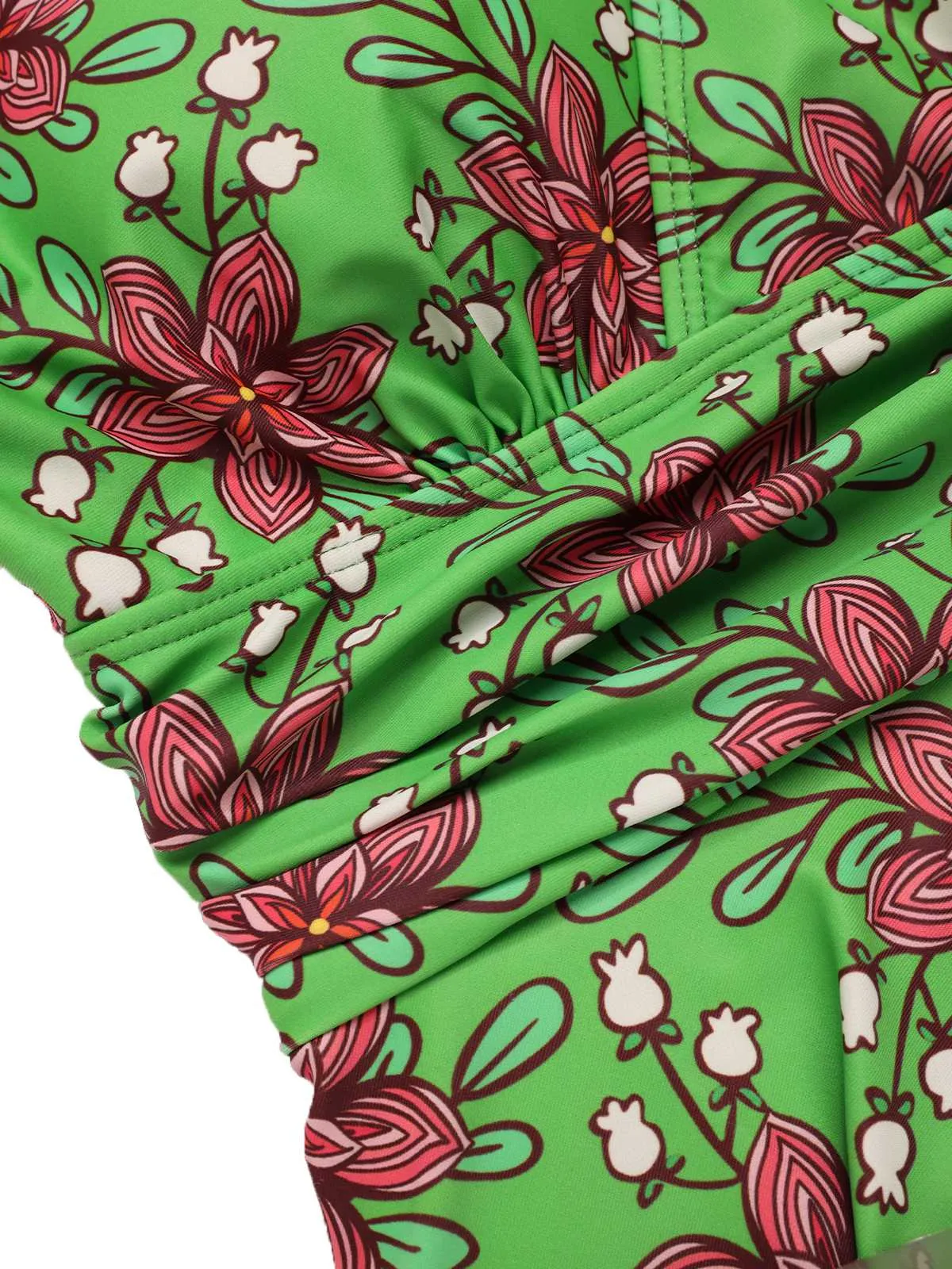 Green 1940s V-Neck Floral Ruched-Waist Swimsuit sold by Retro Stage product image thumbnail 3
