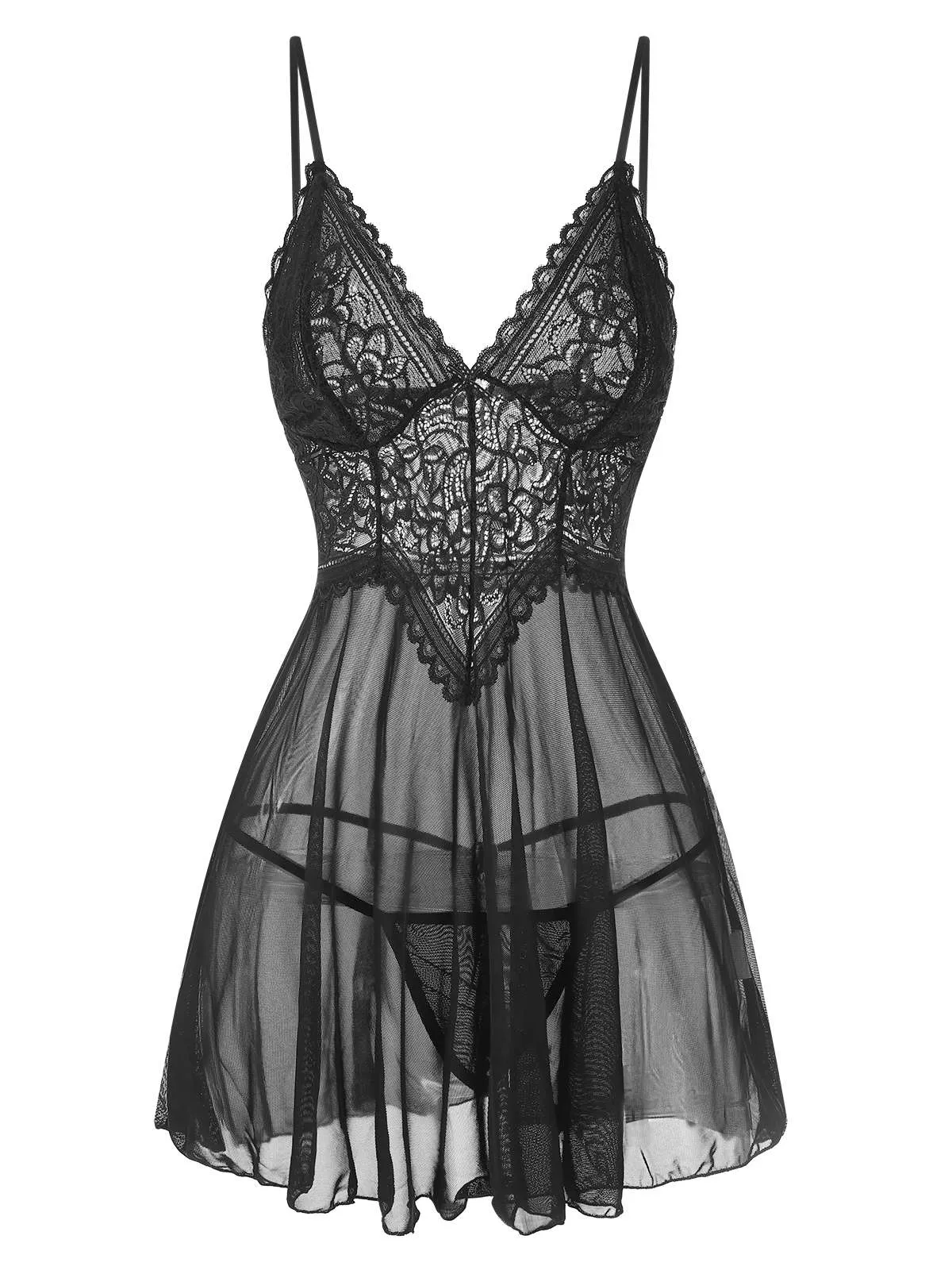 1960s Spaghetti Straps Lace Sheer Nightgown sold by Retro Stage