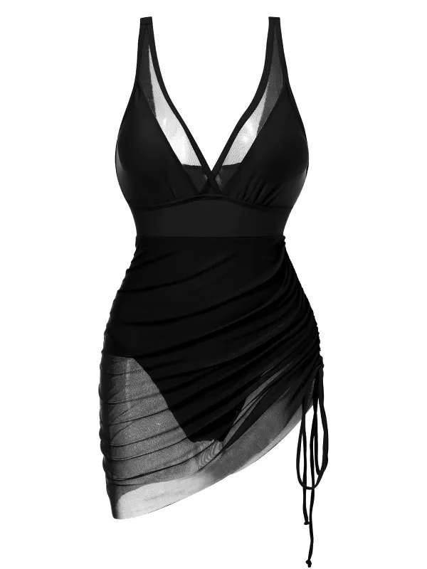 1950s Strap Sheer Mesh Solid One-Piece Swimsuit sold by Retro Stage