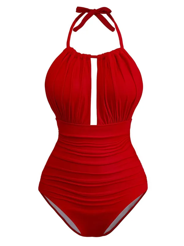 Red 1930s Ruched Halter Hollow One-Piece Swimsuit sold by Retro Stage