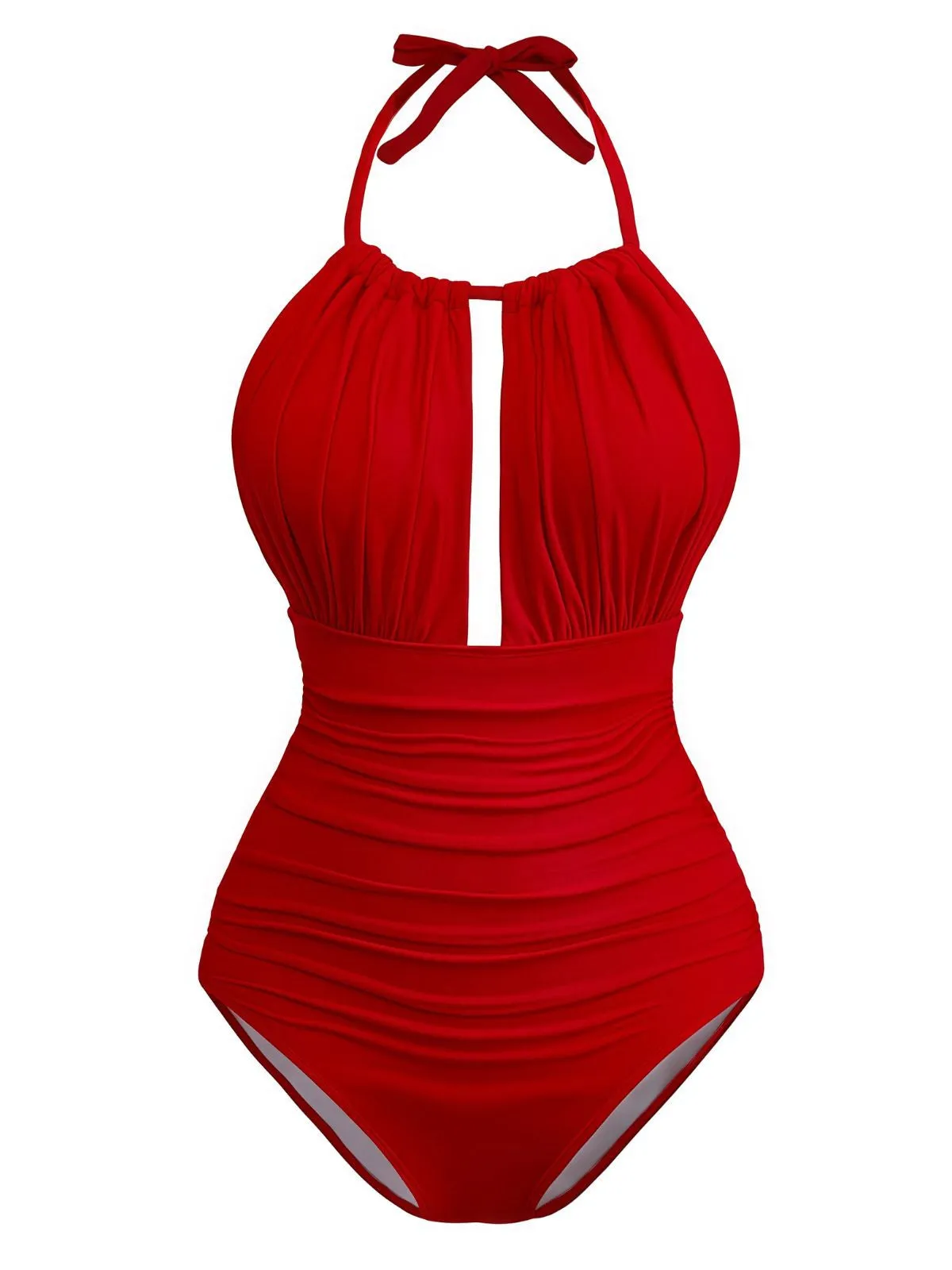 Red 1930s Ruched Halter Hollow One-Piece Swimsuit sold by Retro Stage